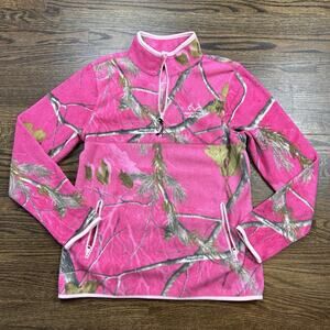 Realtree APC Jacket Womens Medium Pink Camo Fleece 1/4 Zip Thumbholes Outdoor